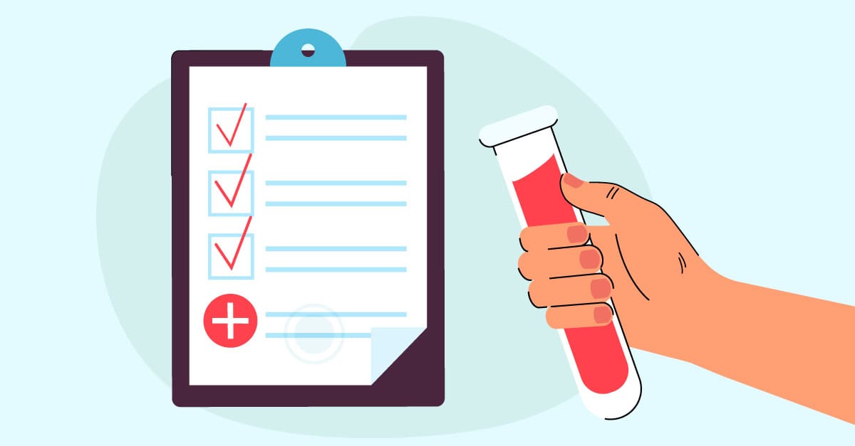 Test tube filled with blood and blood report