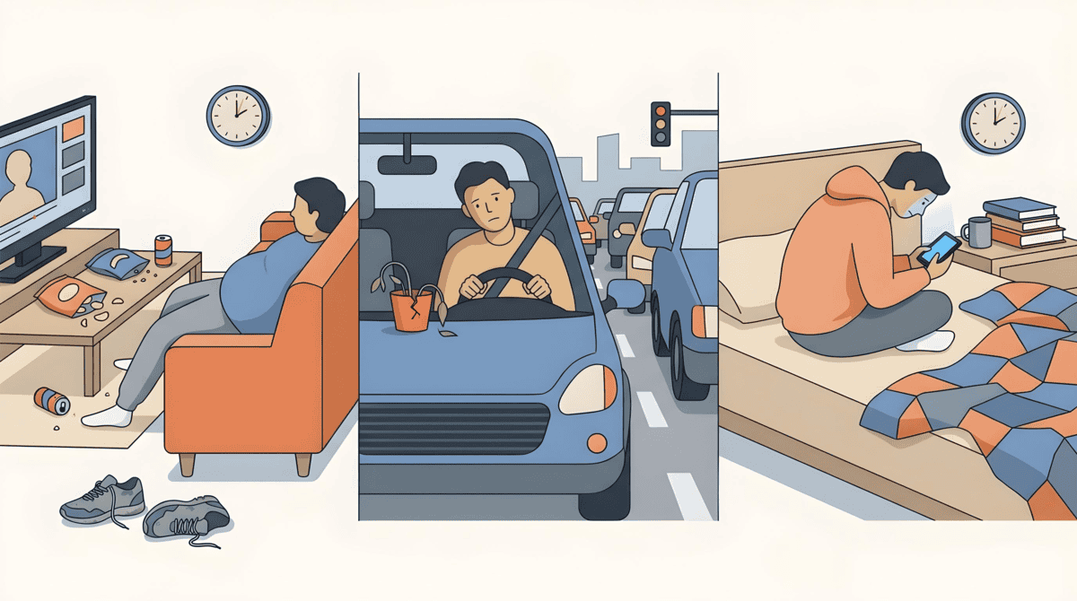 Person sitting on sofa, in car and in bed