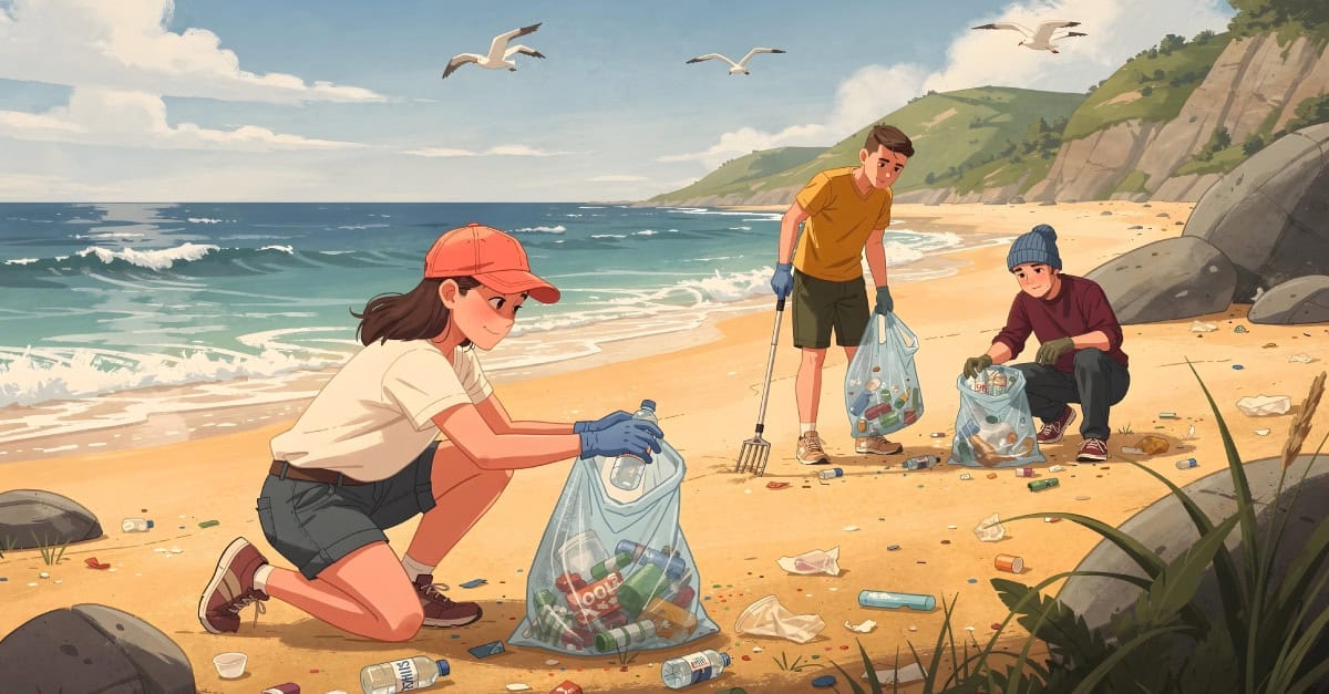 People cleaning the beach